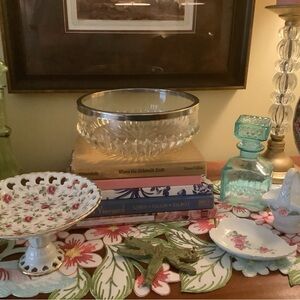 Vintage Crystal Diamond Point Serving Bowl with Silver Plate Rim